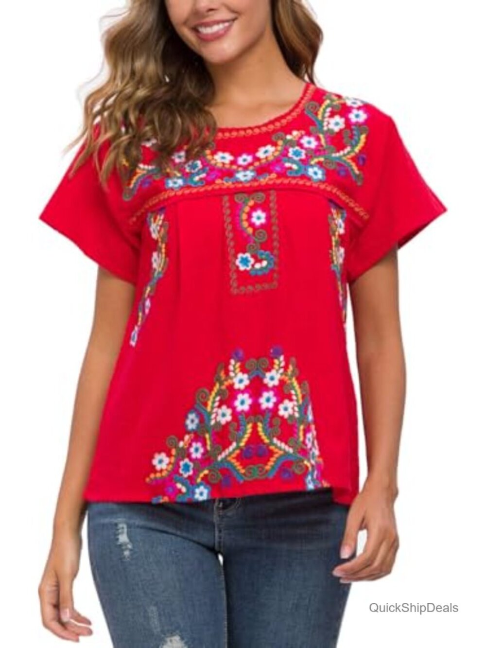 Embroidered Mexican Peasant Blouse Cotton Short Sleeve Summer Shirt